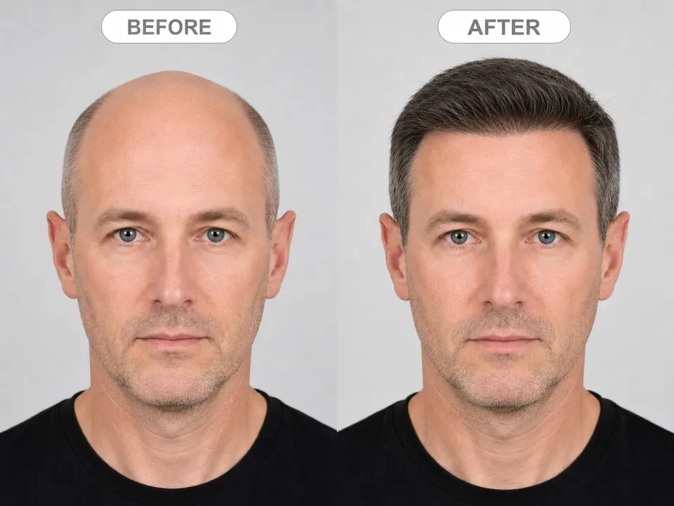 Before and after a hair transplant: the same man shown with a receding hairline and with restored hair