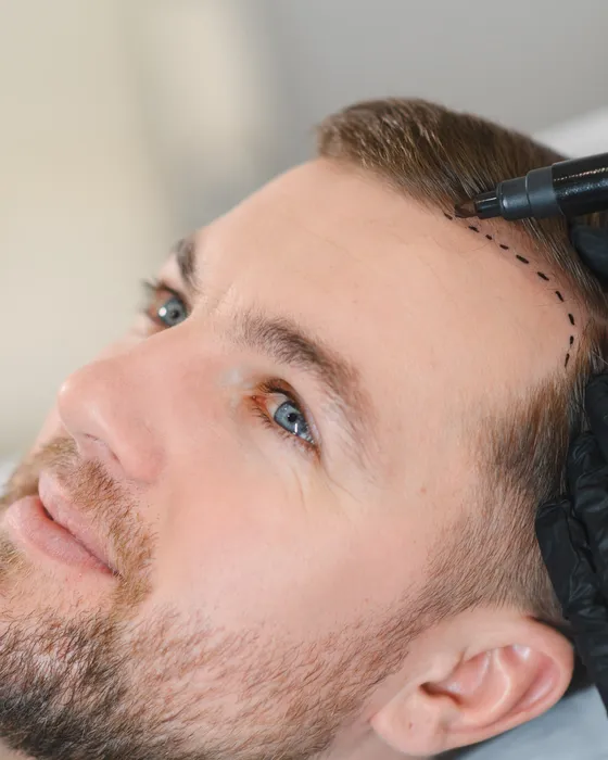 A patient's hairline being marked out before a hair transplant